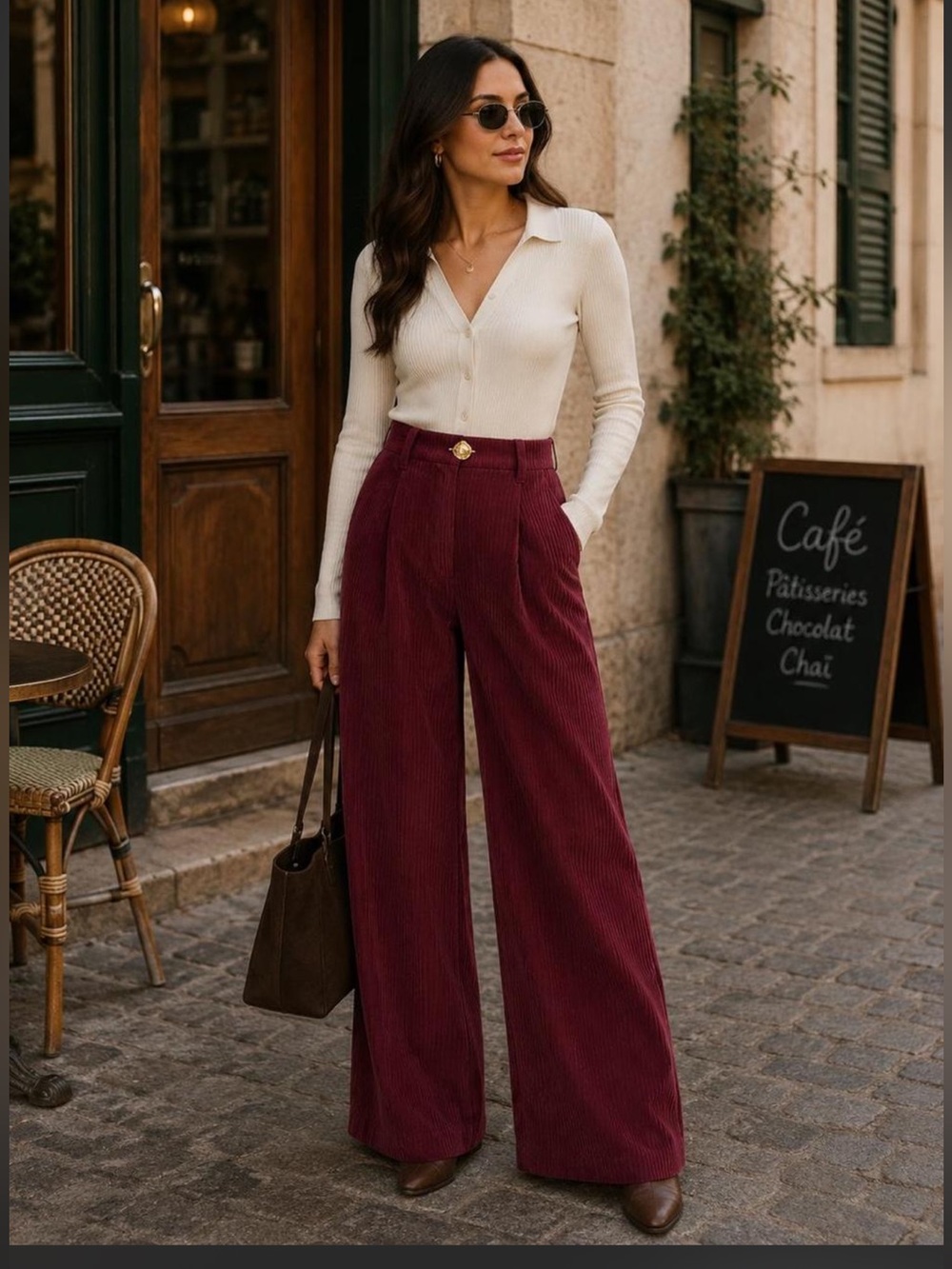 Commense High-Waist Wide-Leg Corduroy Pants in Burgundy